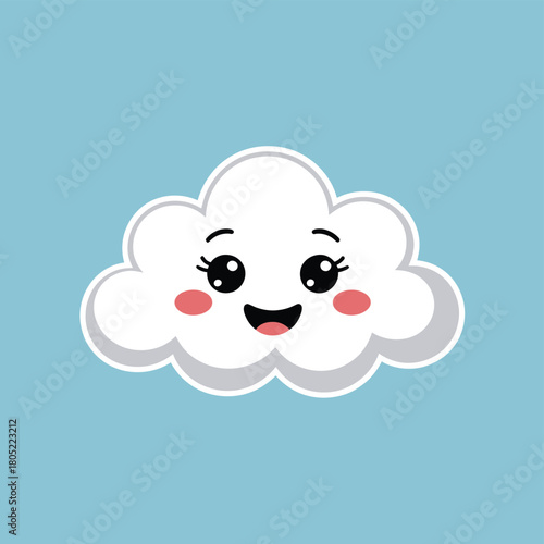 Cute cartoon cloud with happy smiling face and rosy cheeks against a blue sky