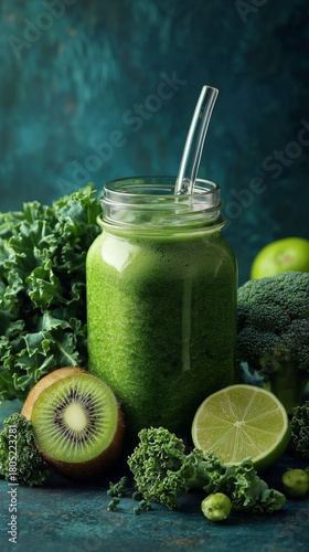 Fresh Green Smoothie With Kale, Broccoli, and Kiwi on a Vibrant Green Background