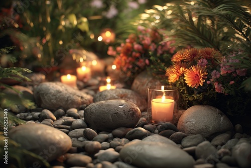 Soft Candlelight Illuminates Garden Pathway With Stones and Flowers During Ev...
