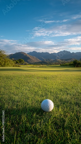 Golf Ball Resting on Lush Green Grass With Mountains in the Background During...