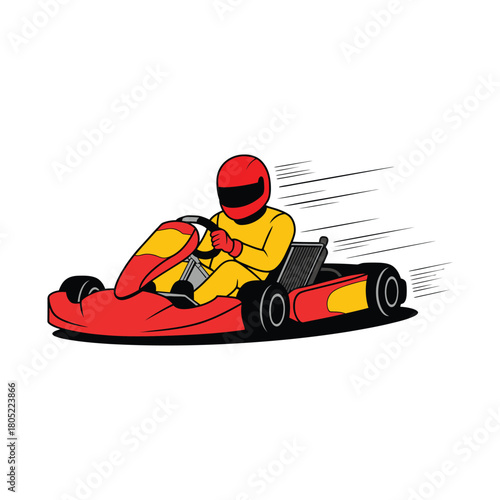 Excited driver in a red go-kart speeding on a track with motion blur