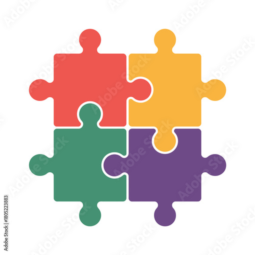Four colorful puzzle pieces connected together, symbolizing teamwork and problem-solving.