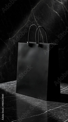Elegant Black Shopping Bag on Dark Marble Surface With Shadows