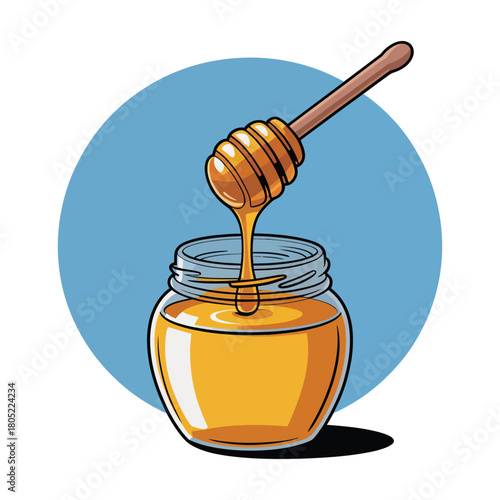 Golden honey dripping from a wooden dipper into a glass jar on a blue background