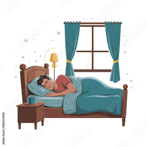 Peaceful man sleeping soundly in a cozy bedroom with soft light from a bedside lamp.