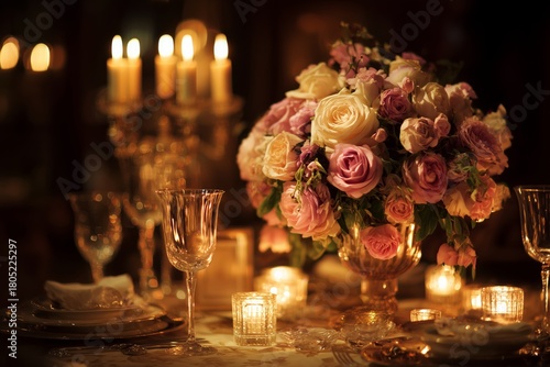 Elegant Dinner Setting With Rose Bouquet and Soft Candlelight in a Cozy Atmos...