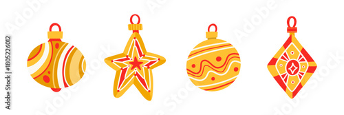 Christmas Ornaments Set With Ball Star Swirl Ball And Diamond Shapes In Red Yellow And Orange Tones