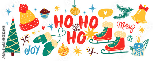 Christmas and New Year Holiday Illustration with Ho Ho Ho Text, Ice Skates, Mittens, Candles, Tree Decorations, Bells, Stars, Muffins, and Festive Winter Elements