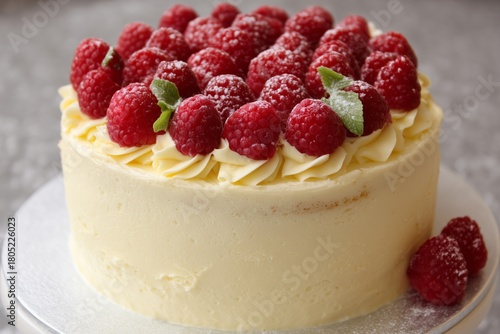 Beautiful Raspberry Cake Topped With Fresh Fruit and Creamy Frosting for a Sw...