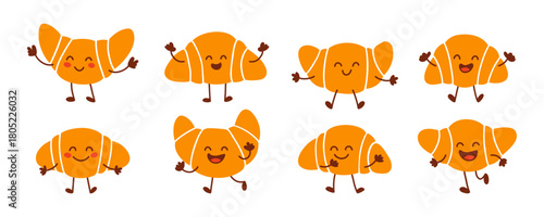 Croissant mascot characters with expressive emotions and playful poses. Bright orange pastry icons and cute food characters in a clean modern illustration style, croissant character set