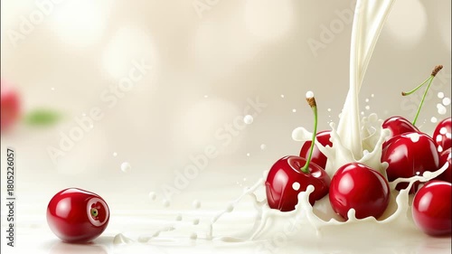 Ripe red cherries plunging into swirling white milk, generating dynamic splash with vivid color contrast smooth and liquid movement video 4k