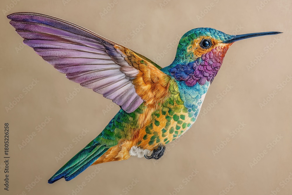 Obraz premium Colorful Metal Hummingbird Sculpture Showcasing Exquisite Craftsmanship and Artistry in Dynamic Pose