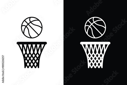 Minimal basketball hoop icon set, Black and white sports symbol vector