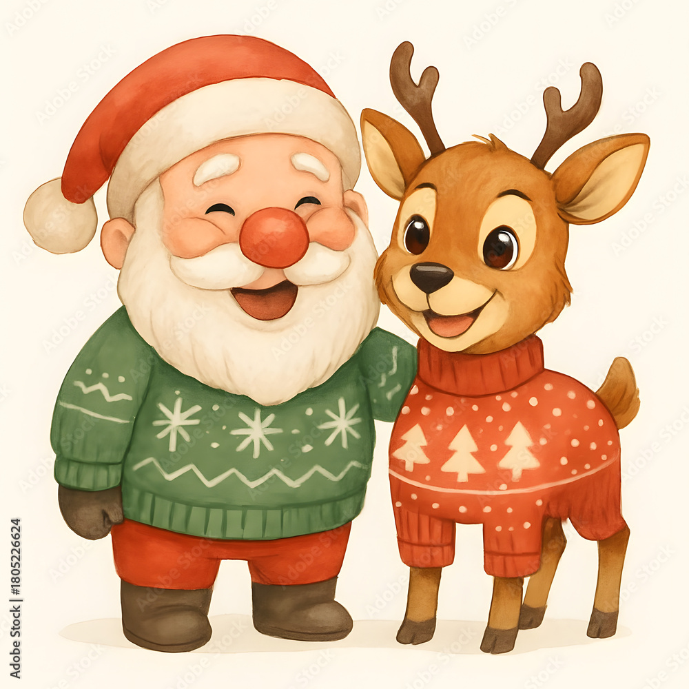 Fototapeta premium Smiling Santa Claus joyfully poses arminarm with a happy reindeer wearing sweaters