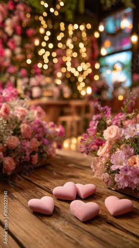 Romantic Flower Arrangements With Hanging Hearts in a Cozy Setting During Eve...