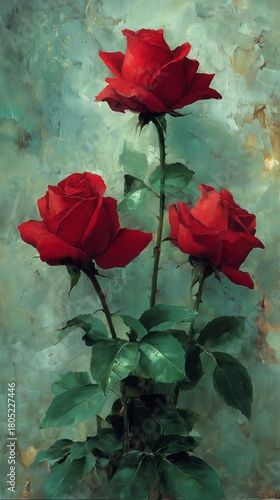 Beautiful Red Roses in Full Bloom Against a Soft Textured Background