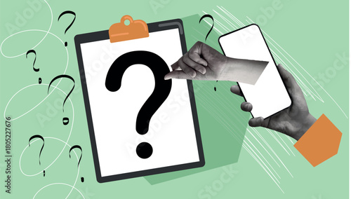 question mark. question. ask. collage with a question mark. ask something. unclear question. doodle style. clarification. answers to questions. vector. people. human hand.
