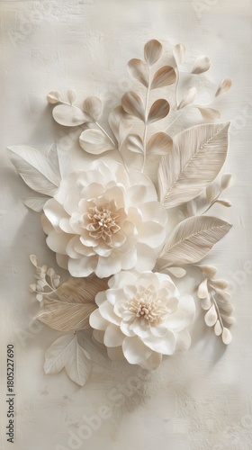 Detailed White and Beige Floral Wall Art Displaying Elegant Blossoms and Leaves