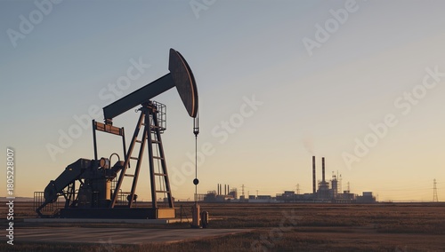 A traditional extraction structure with a distant refinery and chimney releasing smoke, set under clear warm light, emphasizing photorealism, minimalism, and clean industrial aesthetics