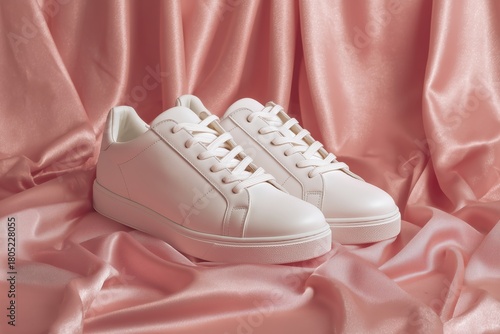 Stylish White Sneakers Resting on Soft Pink Satin Fabric in a Bright Setting