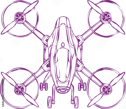 Purple Quadcopter Drone Sketch with Landing Gear and Propellers outline