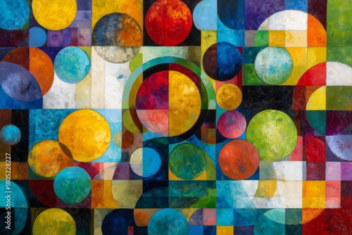 Colorful Abstract Mural Featuring Vibrant Circles and Geometric Shapes in a L...