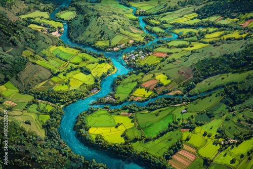 Vibrant Green Landscape With Winding River in a Countryside During Sunny Weather