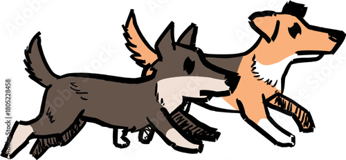 Playing dogs doodle, two hand drawn puppies running and chasing each other. Energetic playing dogs doodle in rough, graphic sketch style.