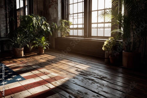 Beautiful Sunlight Streaming Through Windows in a Rustic Room With an America...