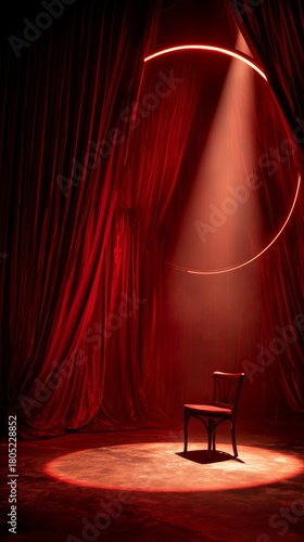 Red Curtain Stage With a Lone Chair Illuminated by Spotlight During a Perform...