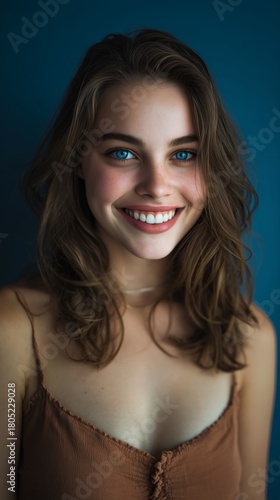 Young Woman Smiles With Blue Eyes Against a Dark Background During a Casual I...