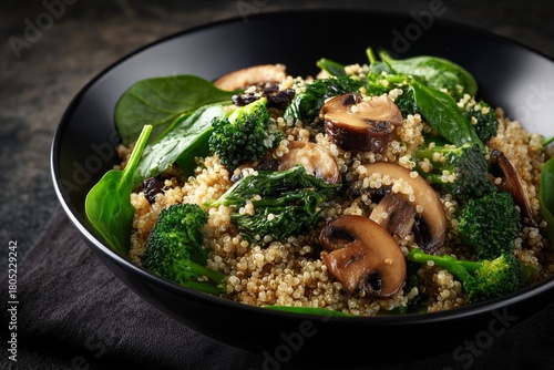 Healthy Quinoa Salad With Mushrooms and Spinach Served in a Black Bowl