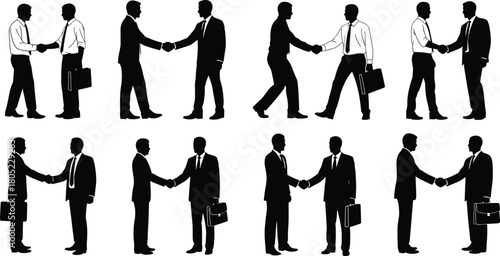 Businessmen shaking hands silhouette collection, representing agreement, partnership, deal, contract, cooperation, successful negotiation, and professional success on white