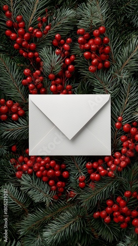 Festive Envelope Nestled Among Evergreen Branches and Red Berries in Winter S...