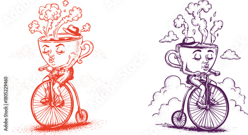 Two anthropomorphic coffee cups riding penny-farthing bicycles with steam and hats vector illustration