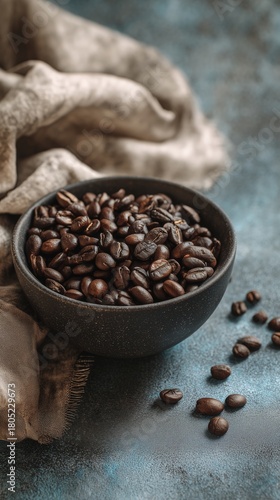 Freshly Roasted Coffee Beans in a Dark Bowl on a Textured Surface With a Fabr...
