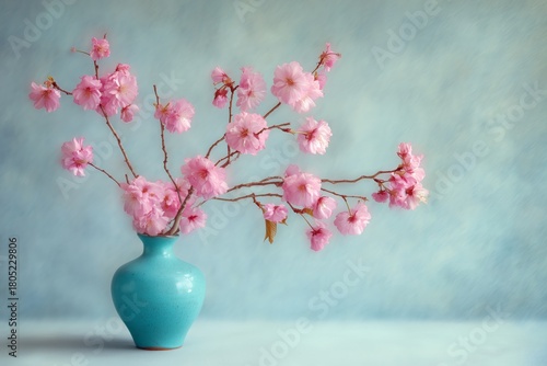Pink Cherry Blossom Branches in a Turquoise Vase on a Textured Background