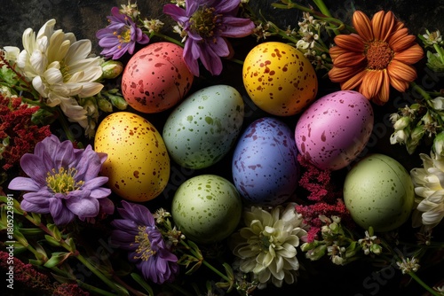 Colorful Decorated Eggs Surrounded by Flowers for Easter Celebration Festivities