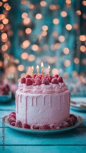 Celebrate With a Delicious Raspberry Cake Featuring Candles and Festive Light...