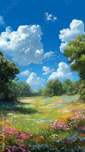Open Flower Field Under a Bright Blue Sky With Fluffy Clouds During a Sunny Day