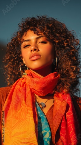 Young Woman With Curly Hair Wears Vibrant Scarf Against Sunset Backdrop on a ...