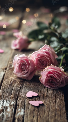 Lovely Pink Roses on a Wooden Table With Heart Decorations and Soft Lights in...