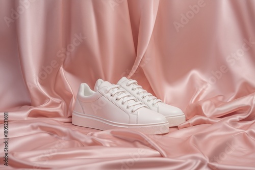 Stylish White Sneakers Resting on Soft Pink Satin Fabric in a Bright Setting