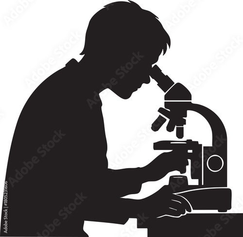 Lab technician using microscope silhouette vector