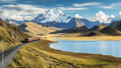 Experience a scenic train journey through the Peruvian Andes, with stunning views of snow-capped mountains and serene lakes in this travel adventure