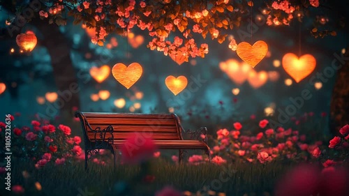 Romantic garden scene with glowing heart lights swaying gently in the breeze perfect for Valentine's Day videos or love stories.