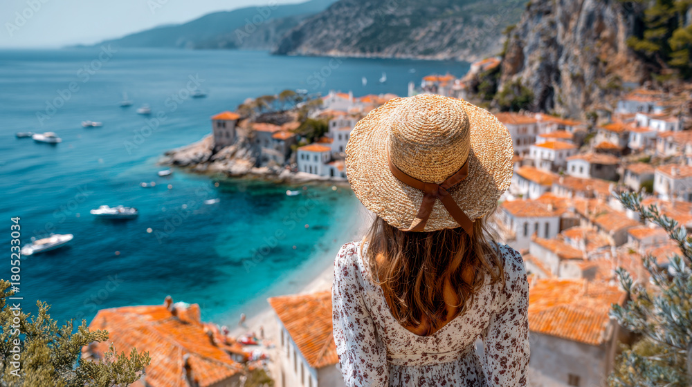 Obraz premium Woman wearing a straw hat admiring the stunning turquoise coastal views and charming orange-roofed houses of a Mediterranean seaside village on a sunny day