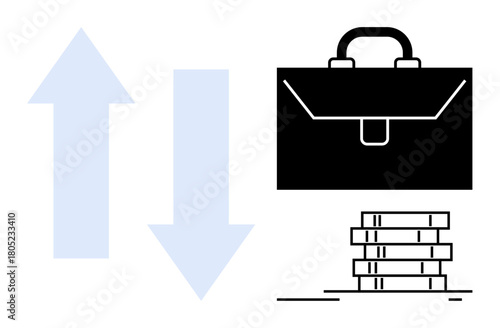 Briefcase beside stacked coins with upward and downward arrows. Ideal for finance, economics, investment, profit, loss, business strategy, corporate management. A simple flat metaphor