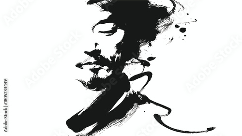 Abstract male portrait in oriental ink brush painting style — minimalist black and white art