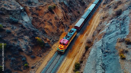Experience the thrill as a vibrant passenger train snakes through a rugged mountain pass, capturing the essence of scenic rail travel and adventure